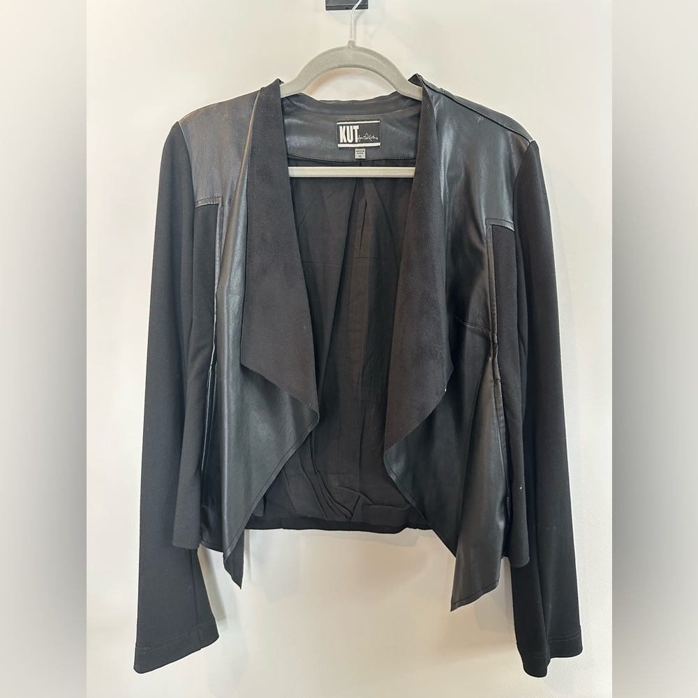 Kut from the Kloth Black Faux Leather Open Front Jacket Medium
